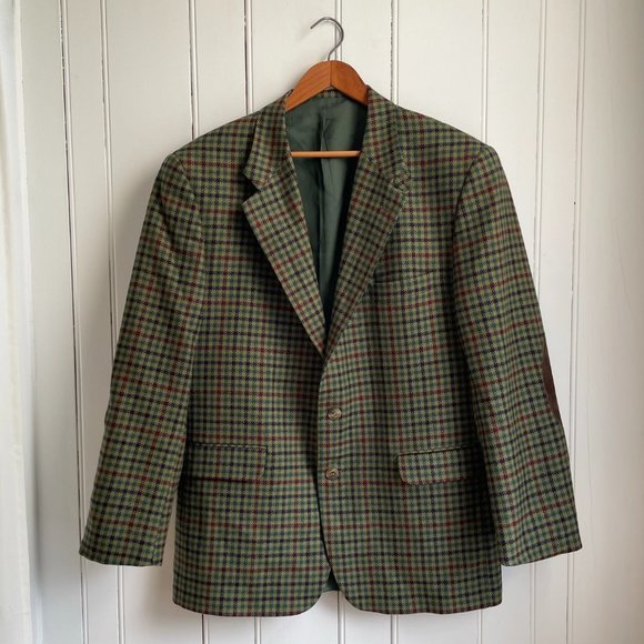 Vintage Old River Houndstooth Pattern Wool Blazer Leather Elbow Patches Size 42 - Picture 1 of 9